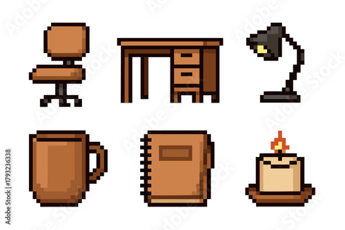 Pixel art representation of an office setup featuring a chair, desk, lamp, mug, notebook, and lit candle in a grid arrangement.