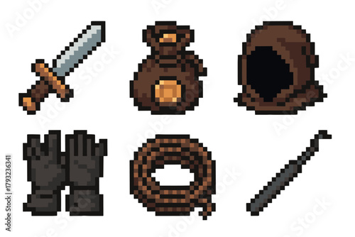 Six pixelated rpg items, including a sword, money bag, hood, gloves, rope, and staff, displayed on a white background.