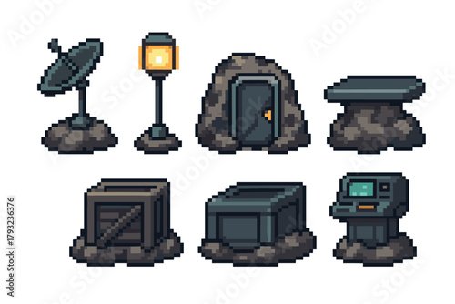 Pixel art icons depicting a satellite dish, street lamp, door set within a mound, stone platform, wooden crate, metal box, and an atm-like machine on rocky terrain.
