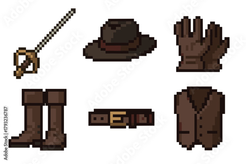 Pixel art style collection of adventure-themed items including a whip, fedora hat, gloves, boots, belt, and leather vest.