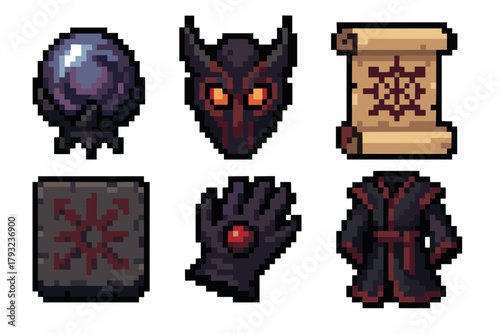 Pixel art collection depicting a dark orb, demonic mask, ancient scroll, mysterious rune stone, enchanted glove, and wizard's robe in rich detail.