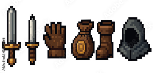 Pixel art depiction of a medieval gear set, including swords, gloves, boots, a belt, and a hood, representing fantasy or adventure themes.