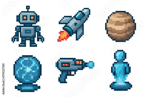 A collection of six pixel art space-themed icons including a robot, rocket, planet, force field, ray gun, and astronaut statue.