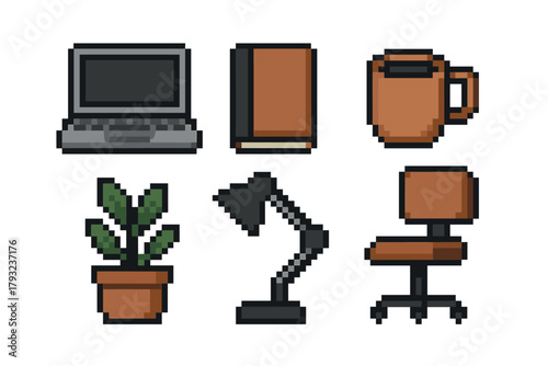 Pixel art style illustrations of home office items including a laptop, book, coffee mug, potted plant, desk lamp, and swivel chair, each depicted in a simplistic design.