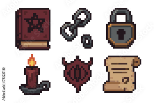 Pixel art icons featuring a spellbook, handcuffs, lock, candle, shield, and scroll, each meticulously designed with a fantasy theme.