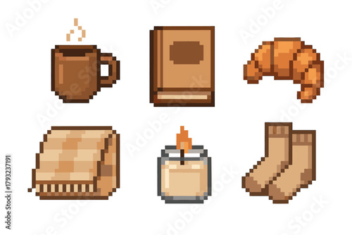 Pixel art icons depicting a brown mug, a closed book, a croissant, a paper bag, a lit candle, and a pair of socks, conveying a cozy theme.