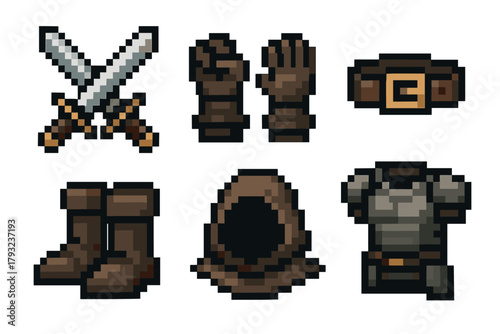Pixel art fantasy game icons featuring a pair of crossed swords, gloves, belt, boots, hood, and armor, illustrating medieval equipment.