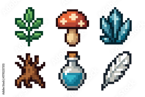 A collection of six pixel art icons depicting a green leaf, red mushroom with white spots, blue crystals, brown roots, potion bottle with blue liquid, and a white feather.