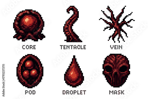Six pixel art icons depicting various organic or alien elements labeled as core, tentacle, vein, pod, droplet, and mask, each featuring dark red and black color schemes.