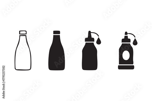 Vector Ketchup bottle line and solid icon set pack outline different style. Symbol, logo