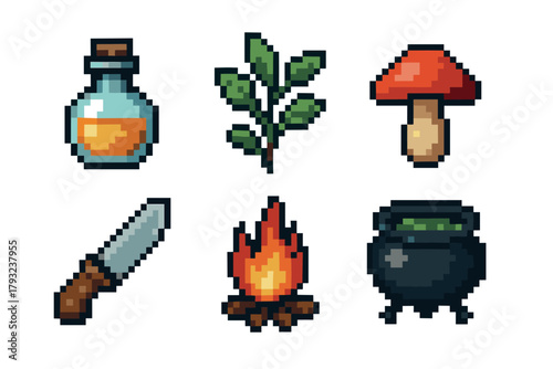 Pixelated icons featuring a potion bottle, green herbs, red mushroom, knife, campfire, and a black cauldron with green content.