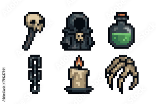 Pixel art set featuring dark-themed items including a skull mace, hooded figure, potion bottle, chain, candle, and skeletal hand.