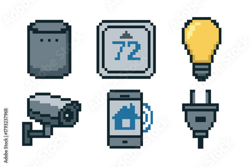 A collection of six pixel art icons including a speaker, thermostat, light bulb, security camera, smartphone with a house symbol, and an electrical plug.