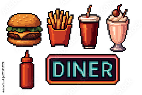 Pixel art illustrations of classic american diner food, including a cheeseburger, fries, soda, milkshake, and a condiment bottle.