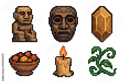 Pixel art collection featuring an ancient stone statue, tribal mask, golden crystal, bowl of fruit, lit candle, and green vine.
