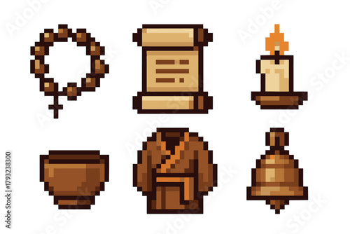 Set of six pixelated religious icons, including a rosary, scroll, lit candle, bowl, robe, and bell, showcasing a retro digital art style.