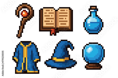 Pixel art style illustration featuring a magic staff, open book, potion, blue robe, wizard hat, and crystal ball, representing fantasy and adventure elements.