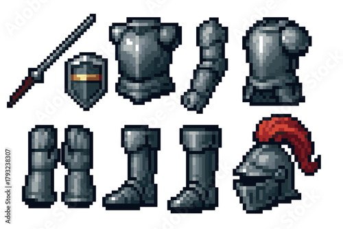 Detailed pixel art depiction of medieval knight armor set, including sword, shield, body armor, helmet, and leg guards, designed for retro gaming aesthetics.