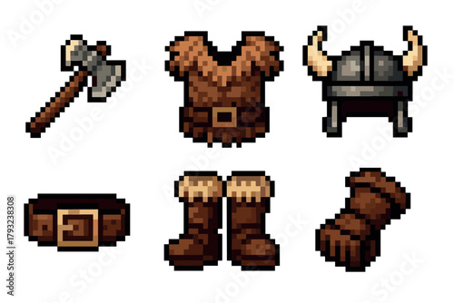 Pixel art set of medieval armor and weapons includes a battle axe, leather tunic, horned helmet, belt, boots, and gloves.