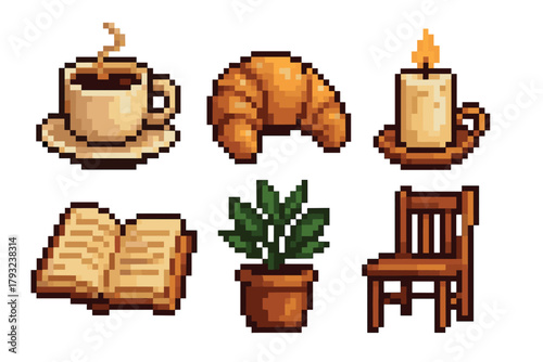 Pixel art depiction of a coffee cup, croissant, lit candle, open book, potted plant, and wooden chair.
