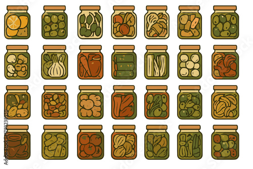 Colorful jarred pickled vegetables collection in hand-drawn style