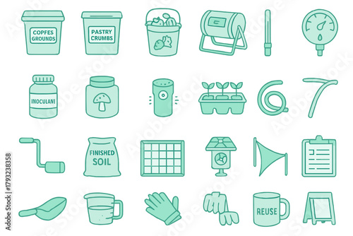Composting and soil enrichment icon set in eco-friendly style
