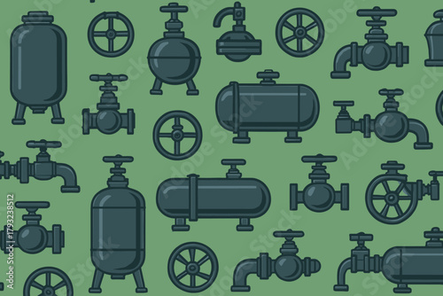 Seamless pattern with industrial tanks, valves, and pipe fittings