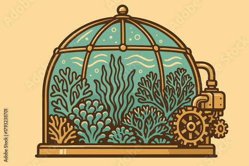 Steampunk underwater terrarium with coral and gears
