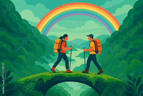 Hikers crossing a lush jungle bridge under a rainbow