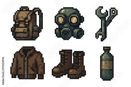 Retro pixel art icons depicting a backpack, gas mask, wrench, jacket, boots, and bottle, ideal for post-apocalyptic or survival themes.
