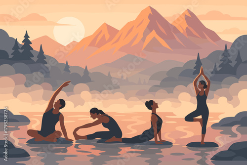 Sunrise yoga by the mountain lake