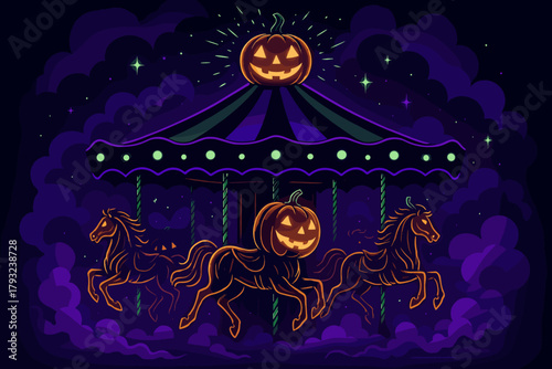 Haunted Halloween carousel with jack-o'-lantern horses