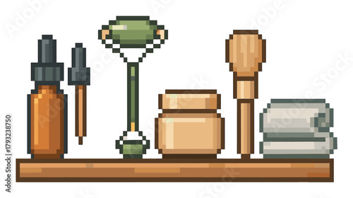Pixel art depiction of skincare items including a jade roller, dropper bottles, wooden spatula, cream jar, and folded towels neatly arranged on a shelf.