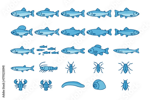 Freshwater fish and aquatic invertebrate icon set on dark blue background