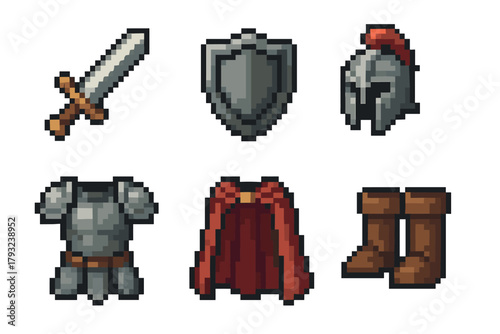 Pixel art style icons of medieval armor set, featuring a sword, shield, helmet, chest armor, red cape, and brown boots.