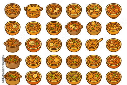 Seamless pattern with assorted cartoon soups and stews
