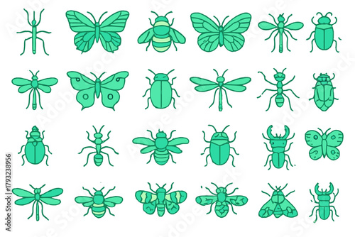 Seamless pattern of cartoon insects on green background