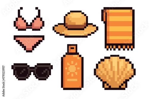 Pixel art collection of summer beach essentials including a bikini, sun hat, towel, sunglasses, sunscreen bottle, and a seashell.