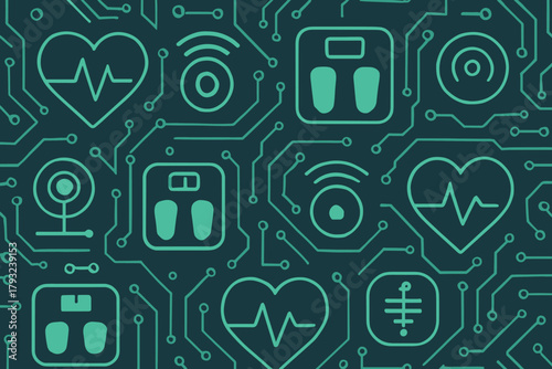 Seamless pattern of smart health technology icons and circuit lines on dark background