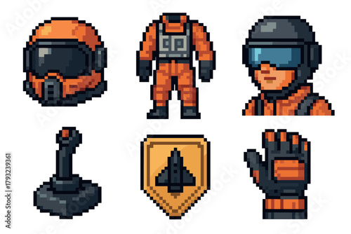 Pixel art icons of an astronaut helmet, spacesuit, male pilot, joystick, spacecraft emblem, and glove with orange and black details.