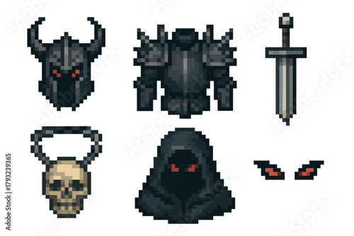 Set of pixel art medieval fantasy items including a horned helmet, spiked armor, sword, skull with horns, hooded figure, and red glowing eyes.