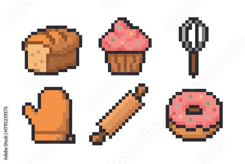 Pixel art icons of various baking items including a loaf of bread, a cupcake, a whisk, an oven mitt, a rolling pin, and a donut with pink icing.