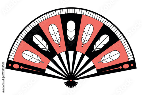 A decorative fan with a repeating feather motif is displayed against a white background.