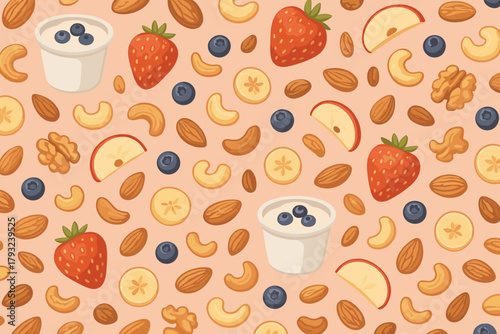 Seamless pattern of yogurt, nuts, fruits and berries