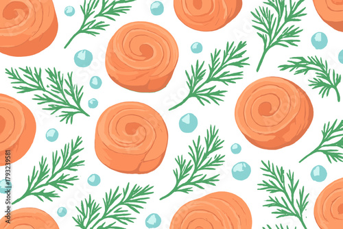 Seamless pattern with cinnamon rolls, herbs and blue berries