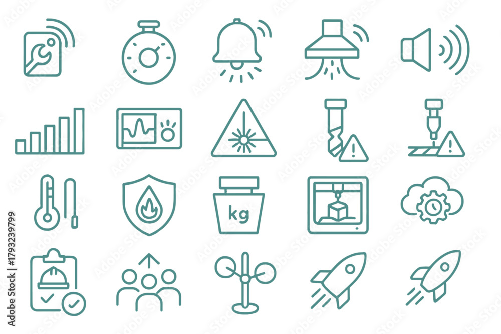 Fototapeta premium Smart factory interface icons with alerts and performance indicators on teal background