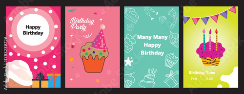 Birthday Card and Poster Set with Cupcake, Gifts, and Party Elements — Modern Vector Templates for Invitation, Banner, and Greeting Design