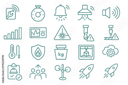 Smart factory interface icons with alerts and performance indicators on teal background