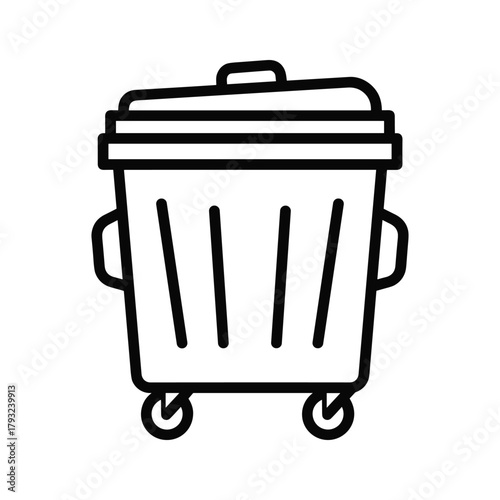 Line art icon of a wheeled trash bin with lid