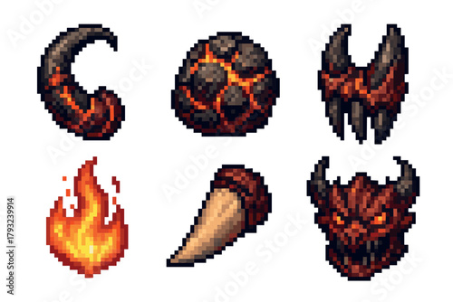 Six pixel art gaming icons depicting demon-themed elements, including horns, claws, fire, a lava sphere, a horned skull, and a flame.